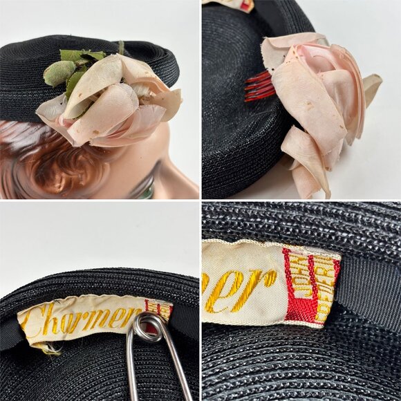 Vintage 50s Rose Hat Pink Black Woven Straw Round Pillbox Charmer - Picture 9 of 10